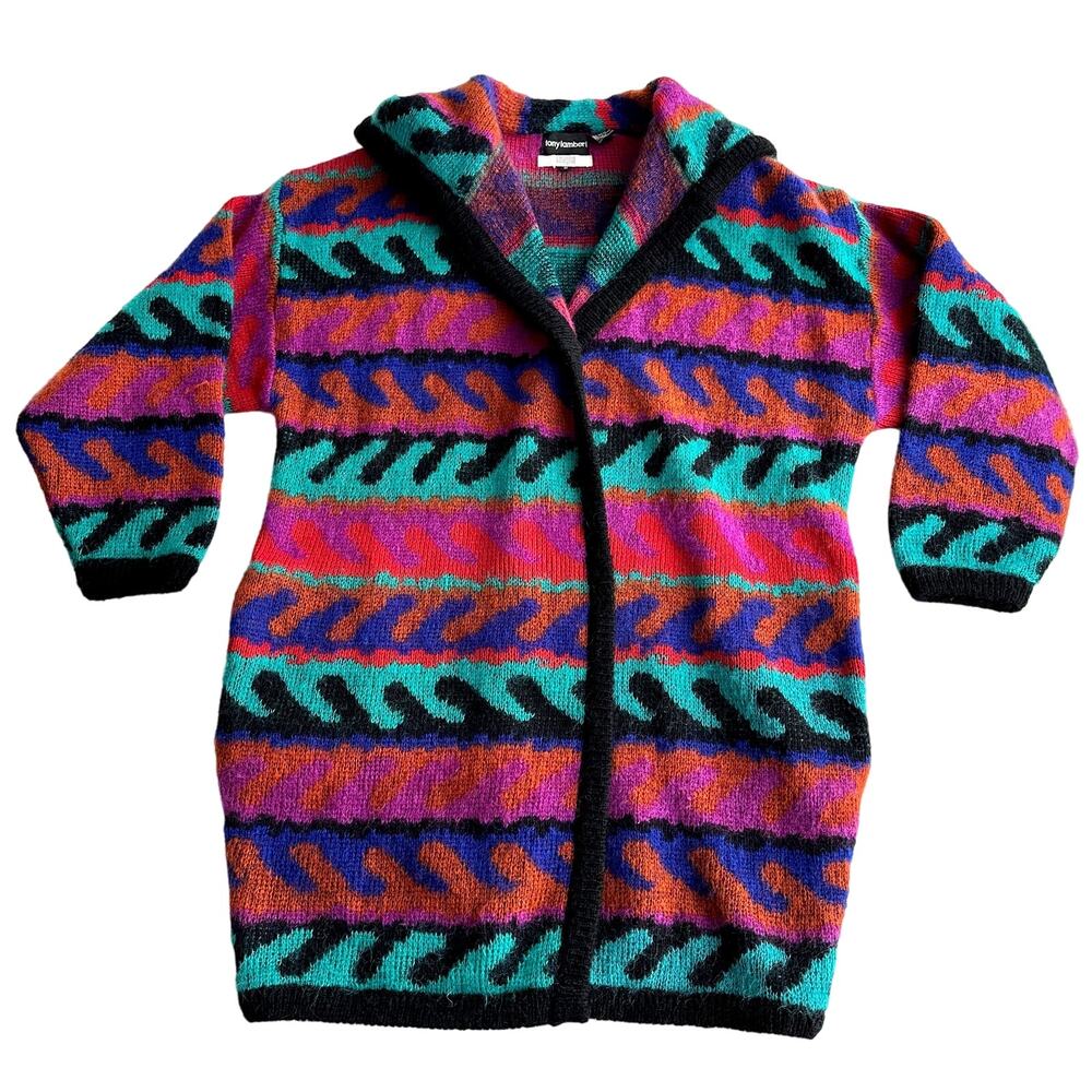 Tony Lambert VTG Wool Blend Art Wild Bright Open Front Cardigan Sweater Jacket M